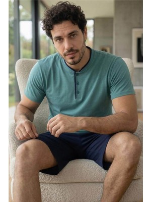 Pijama Evi Muted Aqua Şortlu Pat Detaylı Elegant Erkek Pijama Takımı