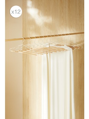 Ocean Home Textile 12'li Ahşap Destekli Ekru Renk Metal Giysi Askısı 19.5 x 42 x 0.34 cm