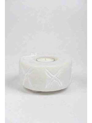 Talaşoğlu 2'li Taş Tozu Katkılı 3D Baskı Mumluk Seti - Geometrik x Desenli - Beyaz