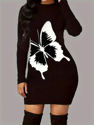 Beruflic Kadın Uzun Kollu Bisiklet Yaka Kelebek Desenli Kısa Viskon Iki Iplik Elbise