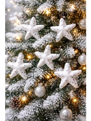 Daisy Store 6 Adet Lüx Set Ağacı Süslemeleri Topları Topu Yıldız Yılbaşı Süsleri 6 cm Yeşil Yılbaşı Ağacı Süsü Beyaz