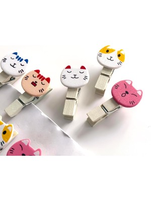 Daisy Store Sevimli Kedi Tasarımlı Ahşap Notluk Mandal, Çok Renkli, 30 Adet, Dekoratif Fotoğraf Kıskacı, Dayanıklı Ahşap ve Metal Malzeme 30 Adet