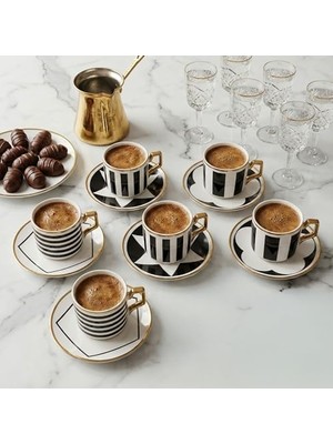 Daisy Store 6 Kişilik Porselen Türk Kahvesi Fincan Takımı – Modern Siyah Beyaz Çizgili ve Altın Yaldız Detaylı 12 Parça Kahve Seti (Hediye Kutulu)