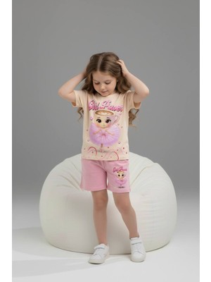 Yağmur Giyim Pjkskt Ballerina Cappucino Desenli Şortlu Kız Çocuk Kısa Kol Takım 6593