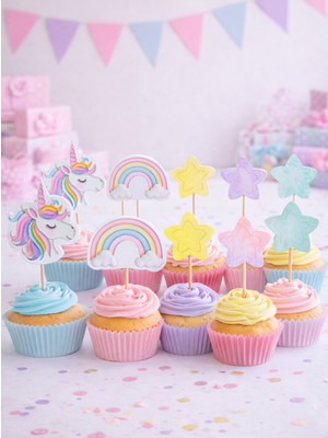 Parti Adresi Unicorn Temalı Kürdan Cupcake Kürdanı Pasta Süsü 10'lu