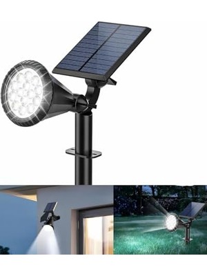Daisy Store Beyaz 18 LED Spot Güneş Enerjili Bahçe Aydınlatma Lambası, Fotoselli, Spike Aplik, 18W Su Geçirmez Dış Mekan Solar Lamba, Ağaç,, Garaj, Havuz, Duvar ve Zemin Montajına Uygundur 42 cm