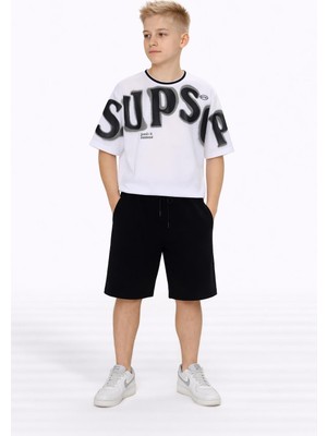 Wikiboom Erkek Yazlık Oversize Baskılı Tişört ve Şort Takımı – Beyaz & Siyah 60361