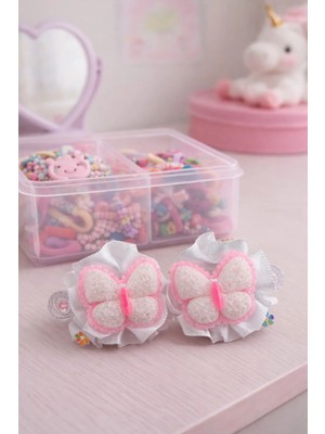 Nati Co Tasarım Beyaz Fiyonk Detaylı Kelebekli Lastik Toka - Okul ve Günlük Kullanım