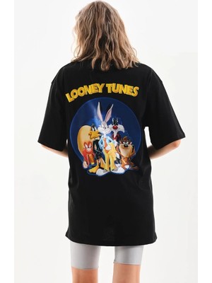 Giyim Center Kadın Kısa Kol Yazlık Tişört Bisiklet Yaka Baskılı Oversize T-Shirt - Siyah