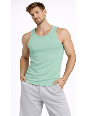 Hobilinka Erkek Fitilli Atlet Sıfır Yaka Slim Fit Arka Baskılı Spor Atlet - Mint Yeşili