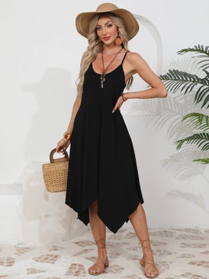 Hobilinka Kadın Ip Askılı Yuvarlak Yakalı Asimetrik Kesim Viskon Elbise