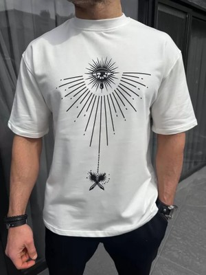 Hobilinka Unisex Bisiklet Yaka Baskılı Oversize T-Shirt - Beyaz