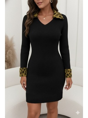 Hobilinka Kadın Uzun Kollu V Yakalı Kürk Detaylı Kaşkorse Elbise