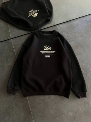 Hobilinka Kışlık Bisiklet Yaka Ön ve Arka Baskılı Sweatshirt - Siyah