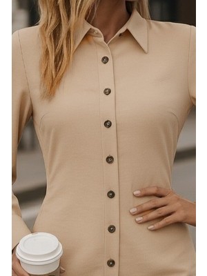 Hobilinka Kadın Uzun Kollu Gömlek Yaka Önden Düğmeli Yanlardan Büzgülü Kısa Aerobin Elbise