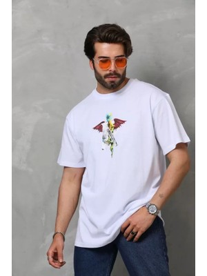 Hobilinka Unisex Bisiklet Yaka Baskılı Oversize T-Shirt - Beyaz