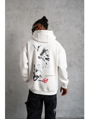 Erkek 3 Iplik Pamuklu Kapüşonlu Baskılı Cepli Oversize Sweatshirt Hoodie - Beyaz