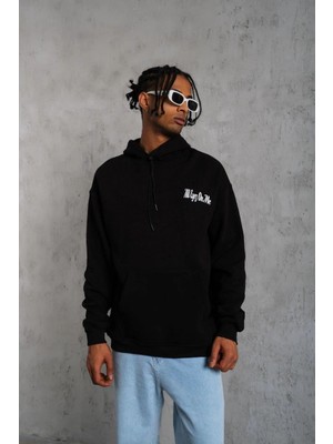 Erkek Kapüşonlu Kanguru Cepli Sweatshirt 3 Iplik Pamuklu Baskılı Hoodie - Siyah