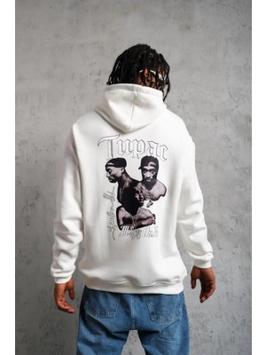 Erkek 3 Iplik Pamuklu Kapüşonlu Baskılı Cepli Oversize Sweatshirt Hoodie - Beyaz