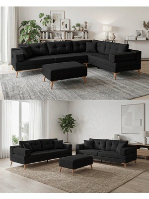 Velura Home & Living Zeri Modüler Yataklı Koltuk Takımı & 2 Adet Üçlü Kanepe & Puflu Köşe Takımı (3+3) - Siyah - 124