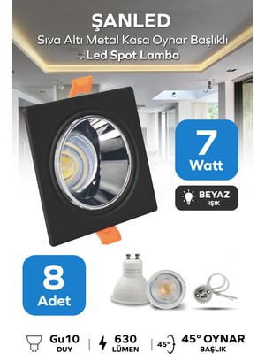 ŞANLED 7W Sıva Altı Oynar Başlık GU10 Kare Siyah Beyaz Işık LED Spot Lamba-8 Adet