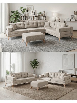 Velura Home & Living Zeri Modüler Yataklı Koltuk Takımı & 2 Adet Üçlü Kanepe & Puflu Köşe Takımı (3+3) - Latte - 146