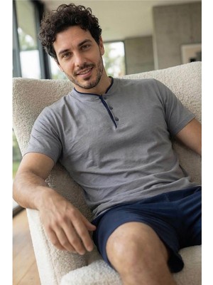 Pijama Evi Urban Grey Şortlu Pat Detaylı Elegant Erkek Pijama Takımı