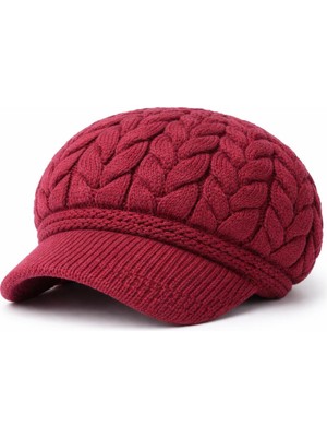 Valkyrie Kadın Bordo Örgü Şapka Kışlık Yumuşak Triko Bere Siperlikli Newsboy Şapka Bordo
