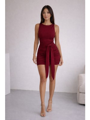 Cuyka Kadın Sandy Kumaş Kolsuz Şal Detaylı Drapeli Mini Elbise