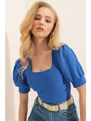 Stelol 0409 Kare Yaka Örme Bluz - Saks