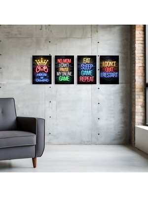 TASARIM ŞEYLER Gamer Neon Floresan Görünümlü 4'lü Duvar Dekoru - Oyun Odası Seti