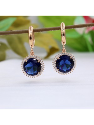 TB Takı Boom Safir Taşlı Küpe, Mavi Taşlı Küpe, Sallantılı Kadın Küpe, Gerçek Gümüş Küpe, Rose Gold Kaplama