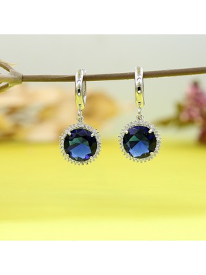 TB Takı Boom Lacivert Taşlı Kadın Küpe, Safir Taşlı Sallantılı Küpe, Rodyum Kaplama Gümüş Küpe