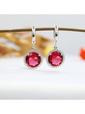 Tb Takı Boom Kırmızı Taşlı Kadın Küpe, Yakut Taşlı Sallantılı Küpe, Rodyum Kaplama 11 mm Taşlı Küpe