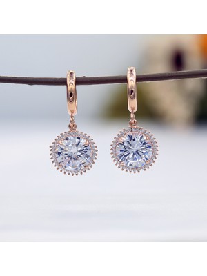TB Takı Boom Zirkon Taşlı Kadın Küpe, Sallantılı Kadın Küpe, Büyük Tektaş Küpe, Rose Gold Kaplama