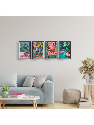 TASARIM ŞEYLER Tropikal Egzotik Seri - 4 Parçalı Renkli Mdf Tablo Seti (Leopar-Papağan-Tatil)