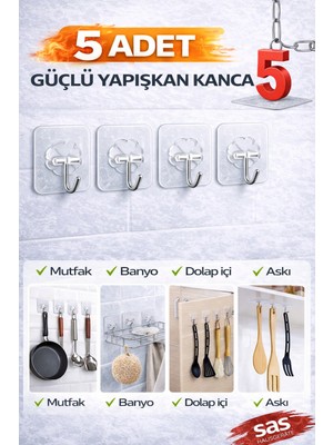 Sas Haus 5’li Banyo Rafı Yapışkanı – Delmeden Şampuanlık ve Banyo Köşelik Montaj Aparatı | Güçlü Yapışkan Duvar Raf Sabitleme Aparatı