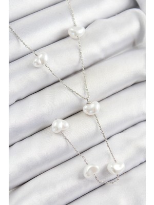 Pirinç Incili Kalp Figürlü Y Model Gümüş Renk Kadın Kolye