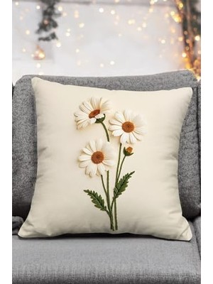 Daisy Store Nakış Desen Dijital Baskılı Dekoratif Papatya Desenli Kadife Kırlent Kılıfı, 2'li Set, Krem Zemin, Dijital Baskılı