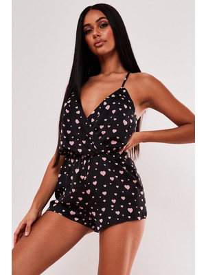 Merry See Kadın Kalp Baskılı Tulum Siyah M 90% Polyester %10 Elastan Şık Tasarım
