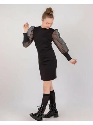 Uğur Böceği Çocuk Uğur Böceği Kız Çocuk Kolu Tüllü Siyah Elbise 11-15 Yaş İçin Şık ve Modern Tasarım