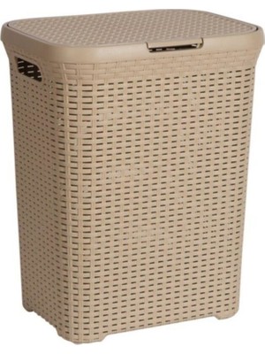 Saban Bej, Plastik Hasır Desenli Kapaklı Çamaşır Sepeti – 55x43x33cm