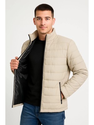 Pileli Store Erkek Bomber Mont Ceket – Su Itici Kumaş, Kapitone Astarlı, Fermuarlı, Kışlık - Bej