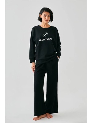 Pileli Store Kadın Siyah Yay Burcu Oversize 2 Iplik Eşofman Ev Giyim Takımı