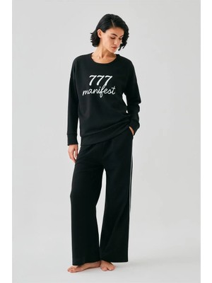 Pileli Store Kadın Siyah Manifest Oversize 2 Iplik Eşofman Ev Giyim Takımı