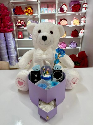 Ayı Evreni Büyük Peluş Ayılı Romantik Hediye Kutusu Mavi | Lila Kutu | Kar Küresi, Çelik Takı Seti, Peluş Ayıcık | Sevgiliye, Anneye, Doğum Günü, 14 Şubat, Yıldönümü