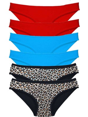 Pileli Store 6 Adet Likralı Kadın Slip Külot Leopar Kırmızı Mavi