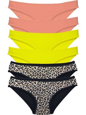 Pileli Store 6 Adet Likralı Kadın Slip Külot Leopar Pudra Sarı