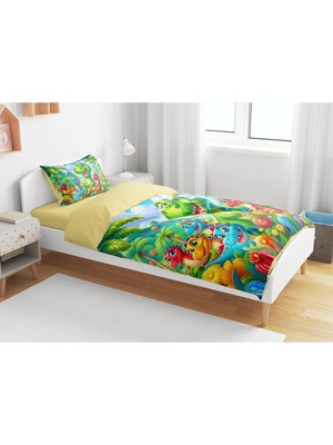 Sarel Group Sevimli Dinazor Baskılı 3D Tek Kişilik Çarşafsız Nevresim Takımı