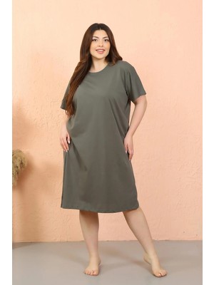 Pileli Store Kadın Büyük Beden Penye Kısa Kol Haki Gecelik